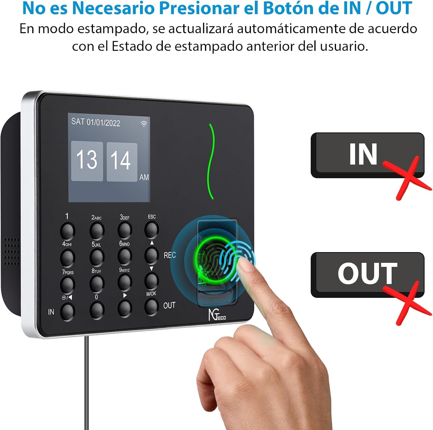 NGTeco Reloj de fichar, Control horario empleados, Máquina de Asistencia Biométrica de Huellas Dactilares WiFi en Lengua española, aplicación para iOS y Android (0 Tarifa Mensual)