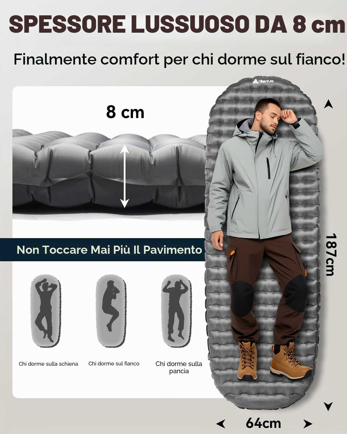 HIKENTURE Materassino da campeggio ultraleggero, 8 cm, gonfiabile, piccolo, per 4 stagioni, attività all'aperto, escursionismo
