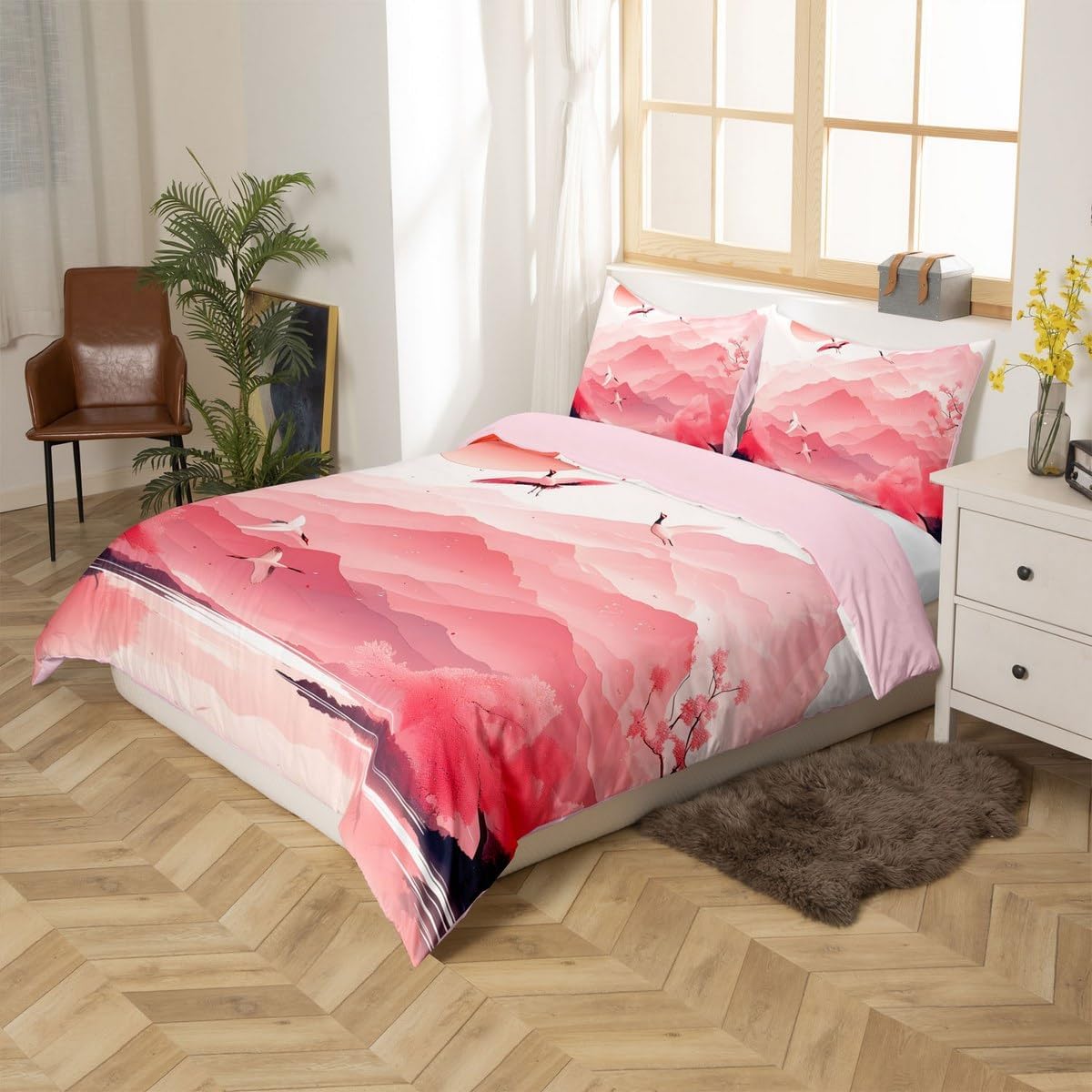 jejeloiu Pink Japanese Bedding Set Toddler Size Kids Sunset Crane Comforter Cover for Boys Girls Japanese Tradition Aesthetic Duvet Cover Soft Microfiber,No Comforter