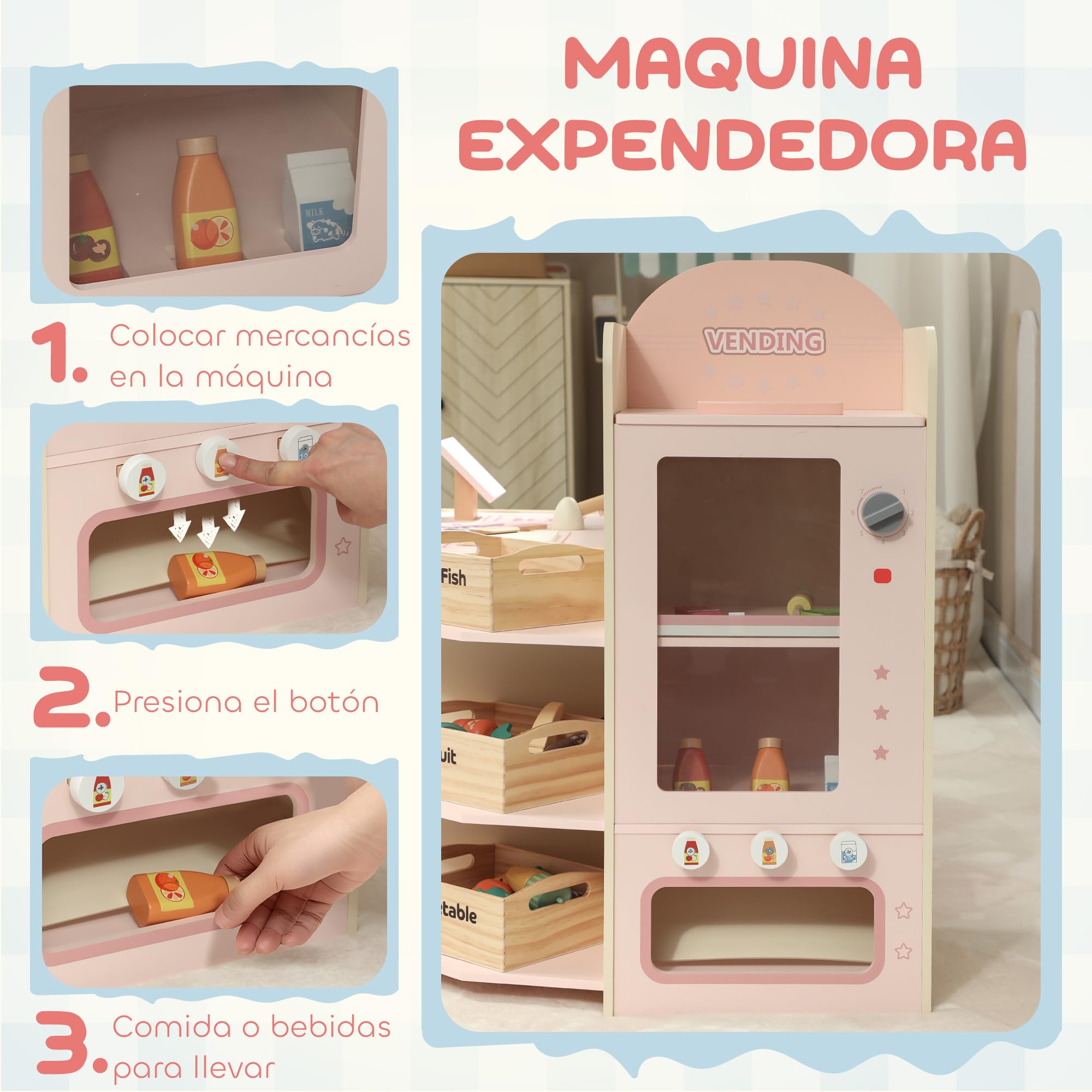 AIYAPLAY Supermercado Juguete Madera con Caja Registradora Rosa