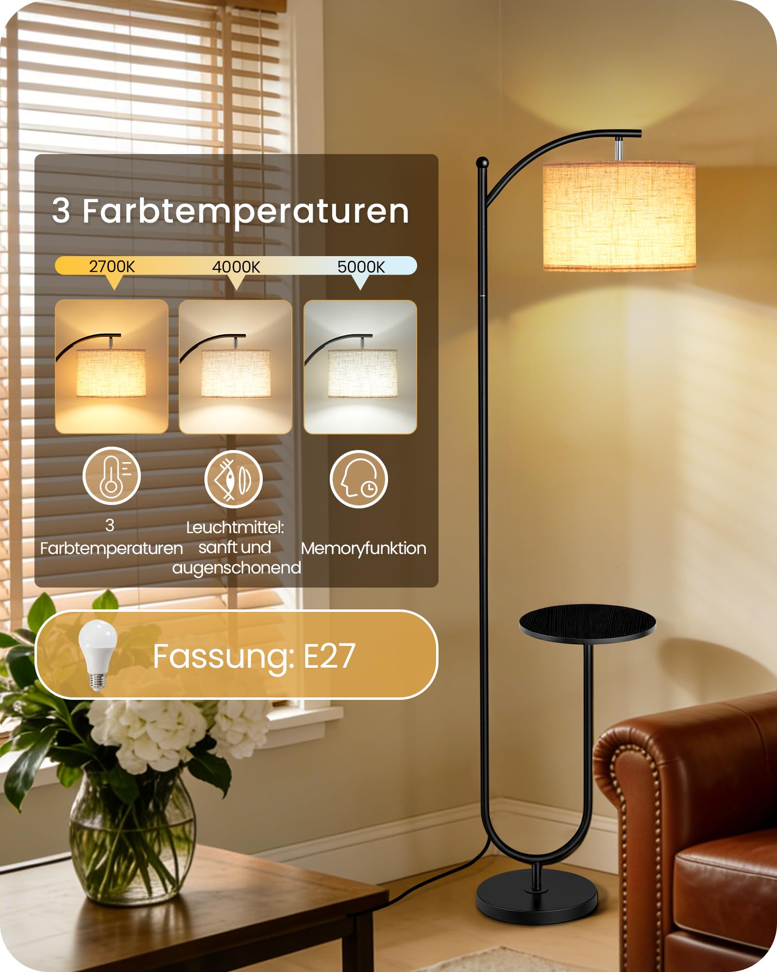 Stehlampe mit Tisch, Schwarz und Beige | 3 Farbtemperaturen, Speicherfunktion, Verstellbarer Lampenkopf, Fußschalter, Mit Regal