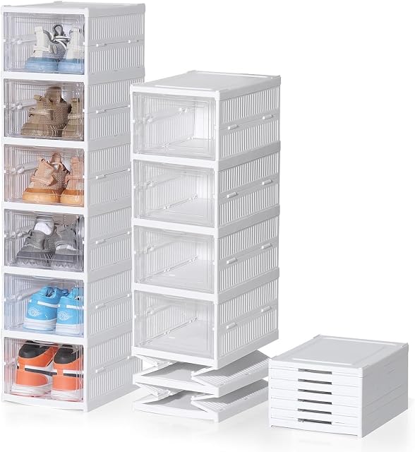 GUKEEV Shoe Box 6 PCS, Six-layer Foldable Shoe Storage Boxes Clear Plastic Stackable, Shoe Organizer Containers with Lids for Women/Men 34.5 x 25.5 x 17.5 cm(White 6pcs)