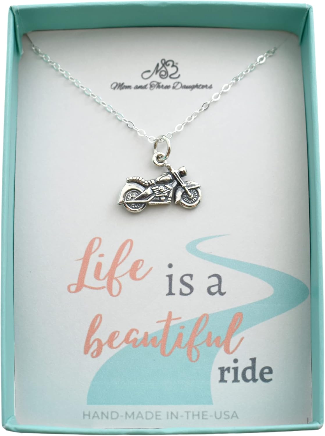 MOM & THREE DAUGHTERS Motorcycle Charm Pendant in 925 Sterling Silver | 18" Cable Chain | Motorcycle Jewelry for Women