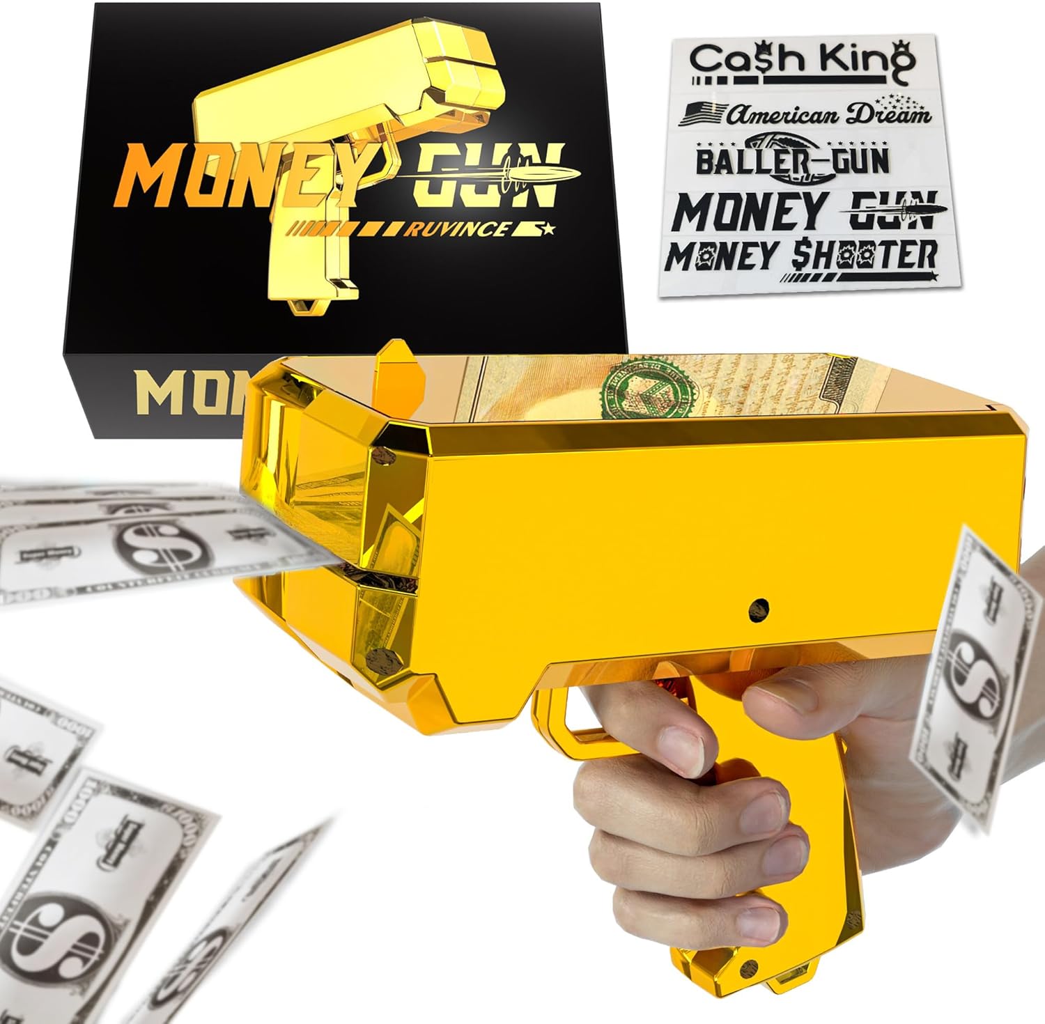Money Gun Shooter – RUVINCE Gold Money Gun for Movies That Look Real, Prop Gun Make it Rain, Handheld Cash Gun for Game Movies Party
