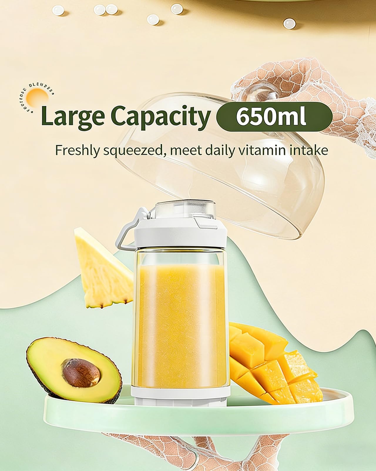 Mixeur portable 650 ml, 75 W sans fil avec 6 lames en acier inoxydable, design amovible, rechargeable pour les voyages, la gym, le sport et une utilisation quotidienne
