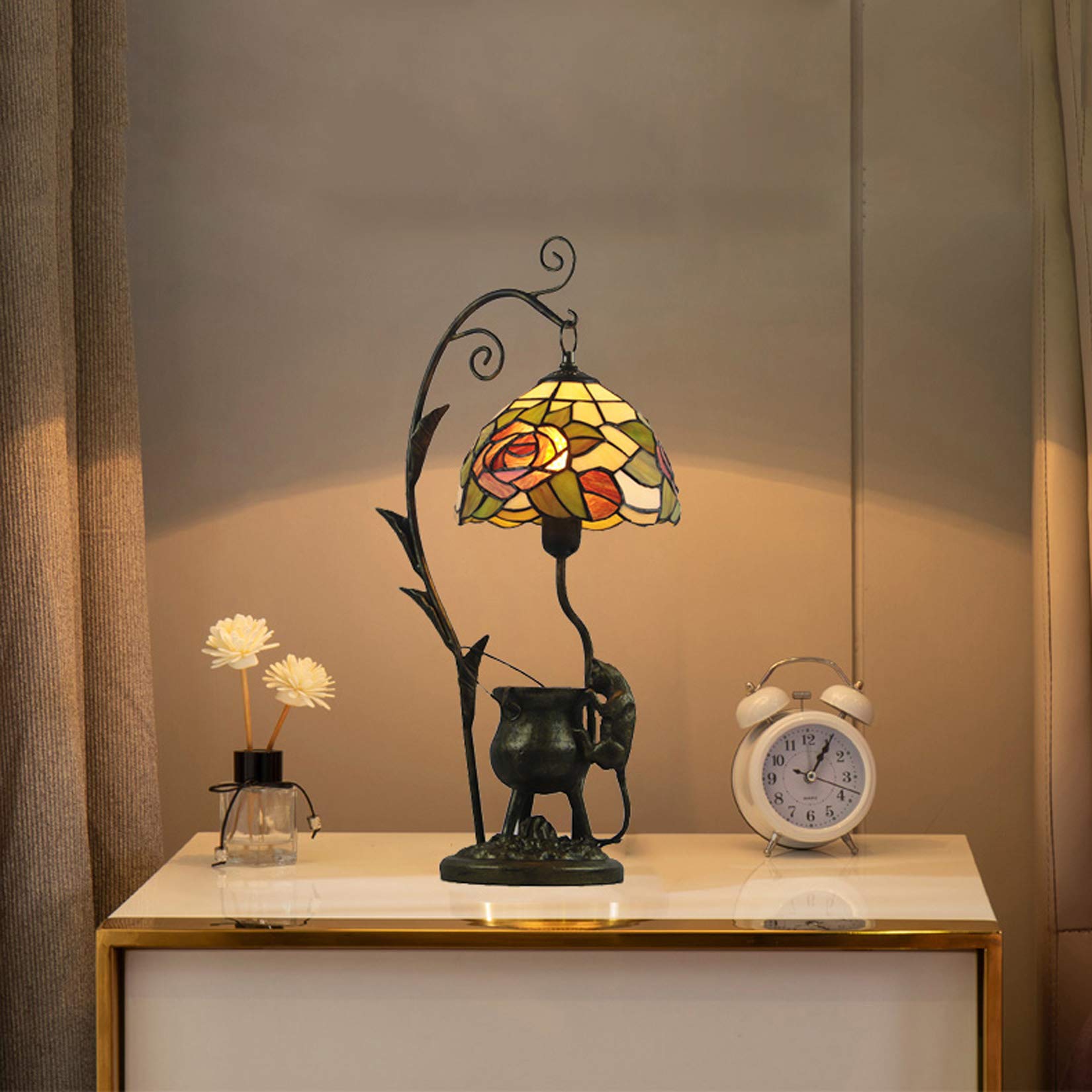 GDLight Tiffany Style Kreative Tischlampen Pastoral Rose Buntglas Schreibtischlampe Harz Cartoon Maus Base Nacht Leselampe für Kinderzimmer Wohnzimmer Schlafzimmer Cafe Bar