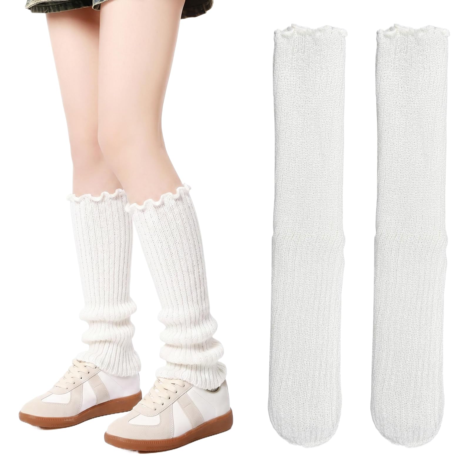 Zirax 2 Pair Leg Warmers for Women Girls, Ribbed Knit Winter Ankle Knee Warmers, Soft Fluffy Boot Cuffs Socks for Ballet Dance Yoga Ice Skating Accessories
