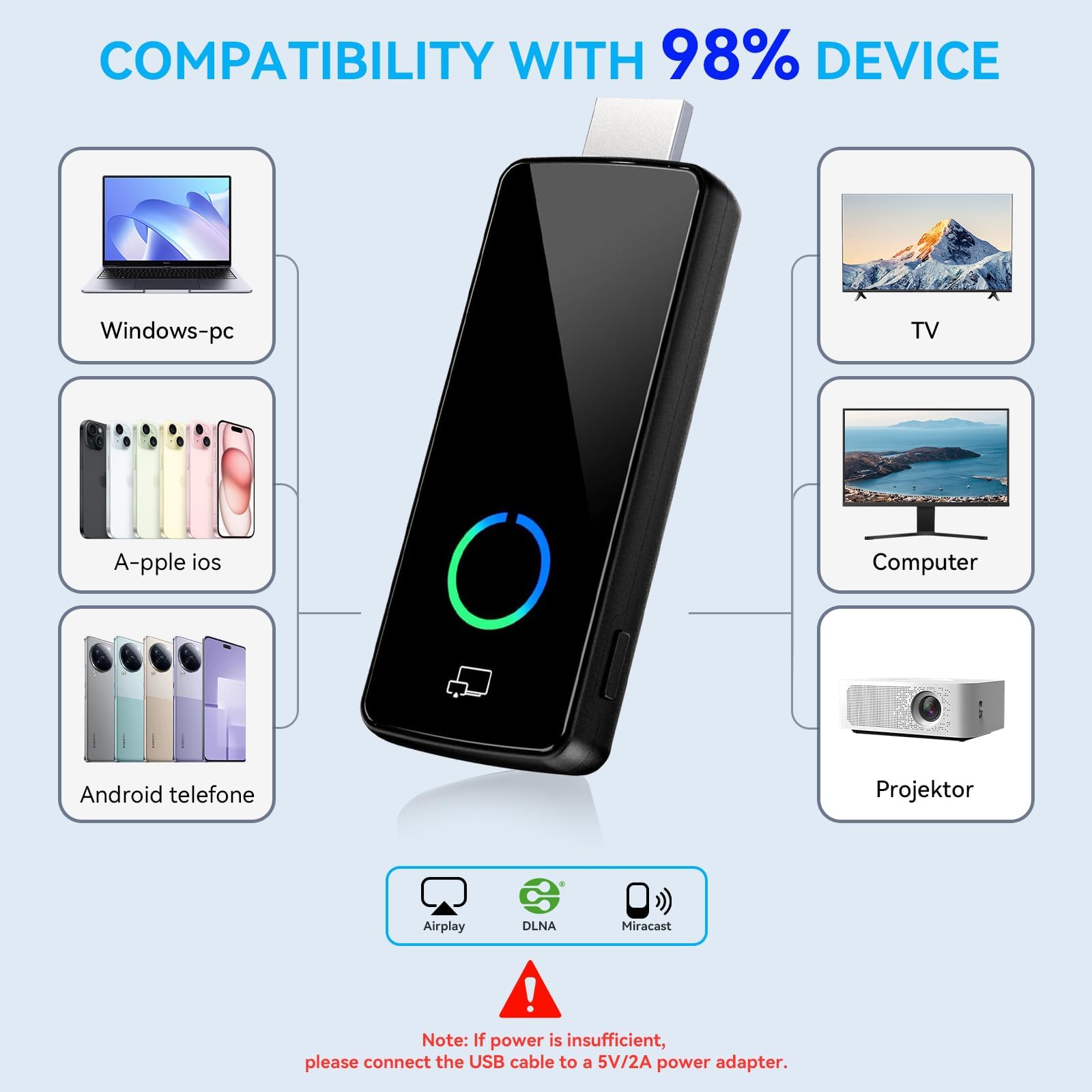 4K Wireless Display Dongle Adattatore Wireless HDMI Streaming, Airplay, Miracast, DLNA, Google Casting, 5 GHz WLAN, Plug & Play per Smartphone, Tablet, PC/Mac