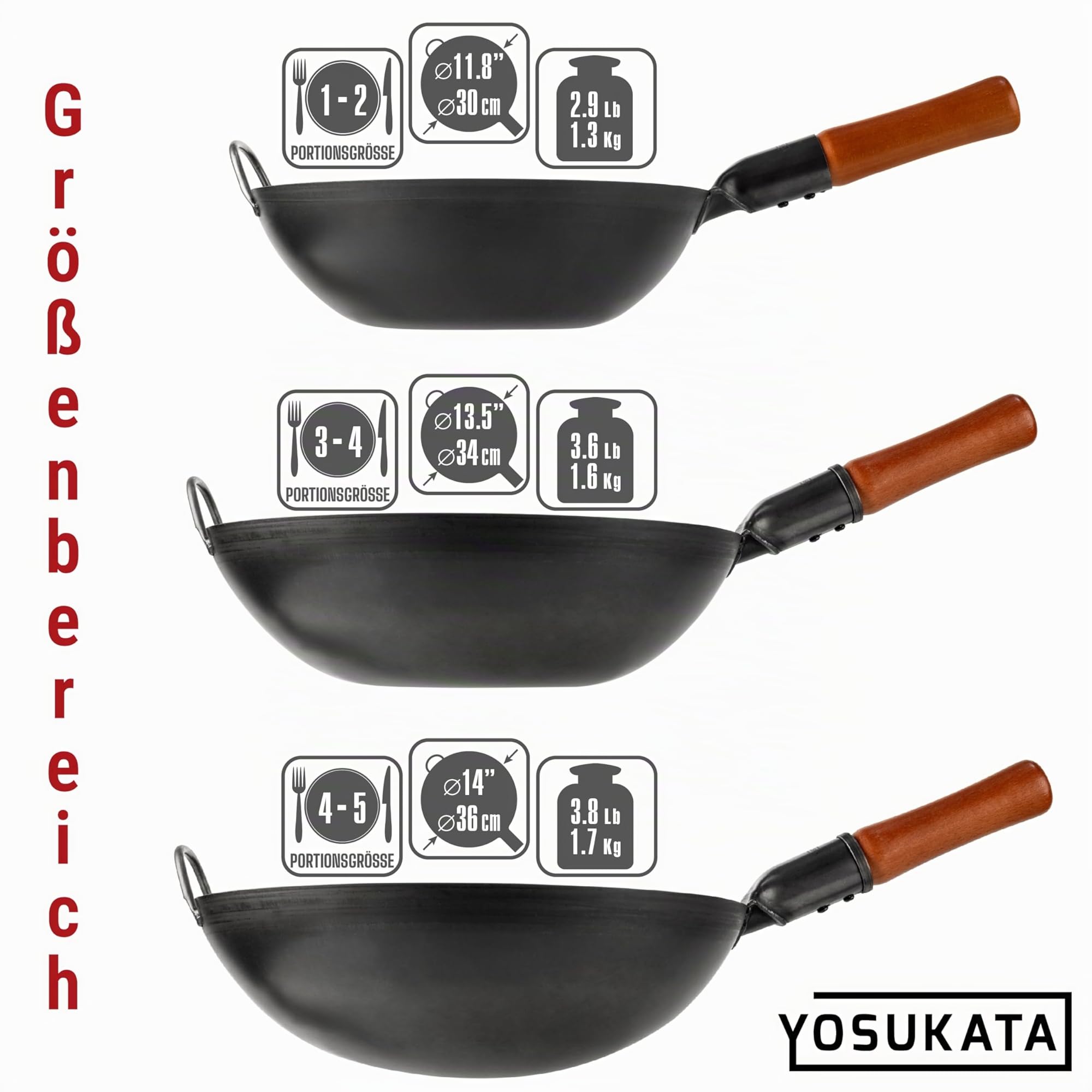 YOSUKATA Karbonstahl Woks & Wokpfannen - 34 cm Voreingebrannter Wok Pfanne Karbonstahl Flacher Boden - Traditionell Wok für induktionsherd - Kompatibel mit Gas- Elektroherden Grill Induktion Feuer