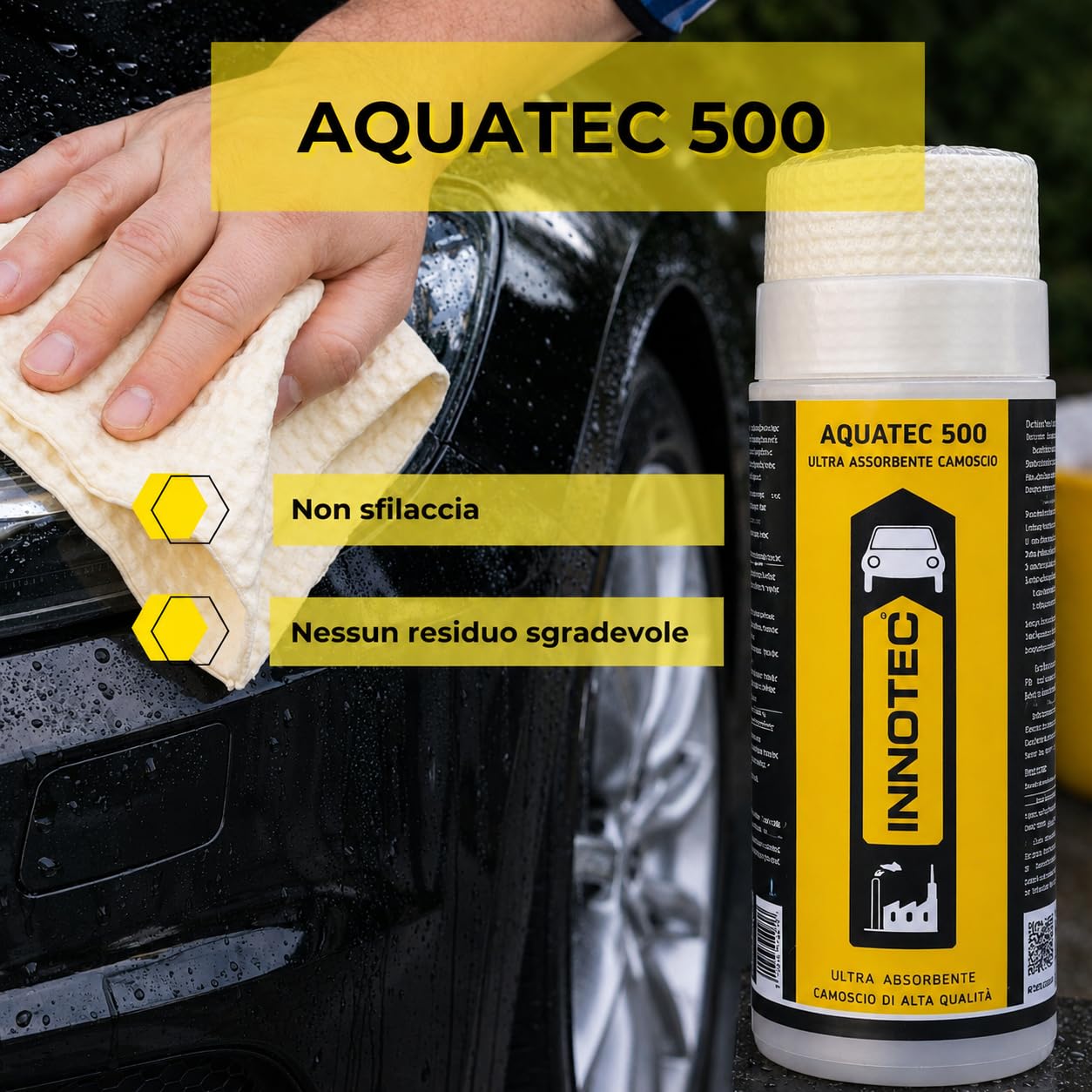 INNOTEC Aquatec 500 – Camoscio in pelle ultra assorbente per auto, moto e vernice automobilistica – Asciugatura senza striature su cromo, vetro e superfici verniciate dopo il lavaggio del veicolo