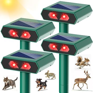 2025 Solar Nocturnal Animal Repeller Deer Repellent Outdoor with Red LED Light, 4 Pack Waterproof Cat Skunk Raccoon Fox Coyote Repellent Device Predator Lights for Yard Chicken Coop