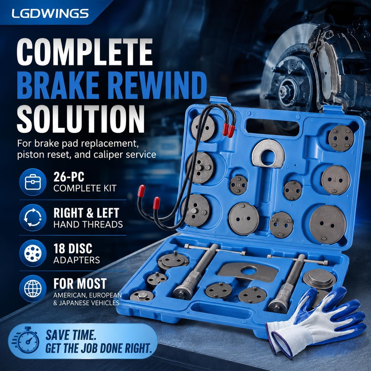 Brake Caliper Compression Tool Kit, Piston Compressor & Wind Back Set, 26pc