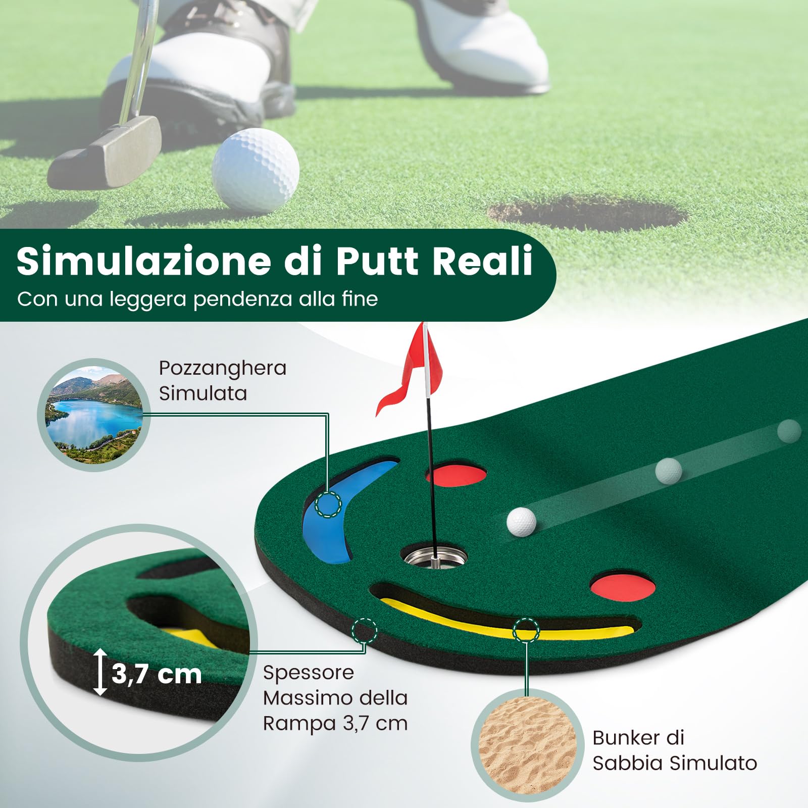 COSTWAY Set di Putting da Golf, Tappetino da Putting con 3 Fori per il Putting, 1 Bandierina e Coperture per Buca da Golf per Allenarsi al Putting, Putting per Uso Interno ed Esterno, 300 x 96 CM