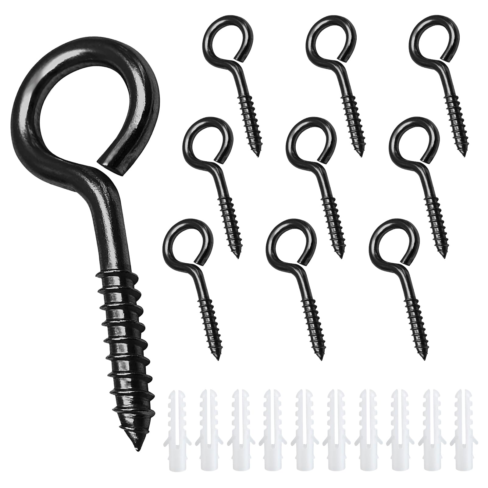 Runquit2.5 Inches Eye Hooks Screw, 10pcs Stainless Steel Black Vine Eyelet Screws, Anti-Rust Bolts Hooks and Eyes for Wood Cables Wires Net Curtain Lights, Sturdy Hanging Hooks for Indoor Outdoor Use