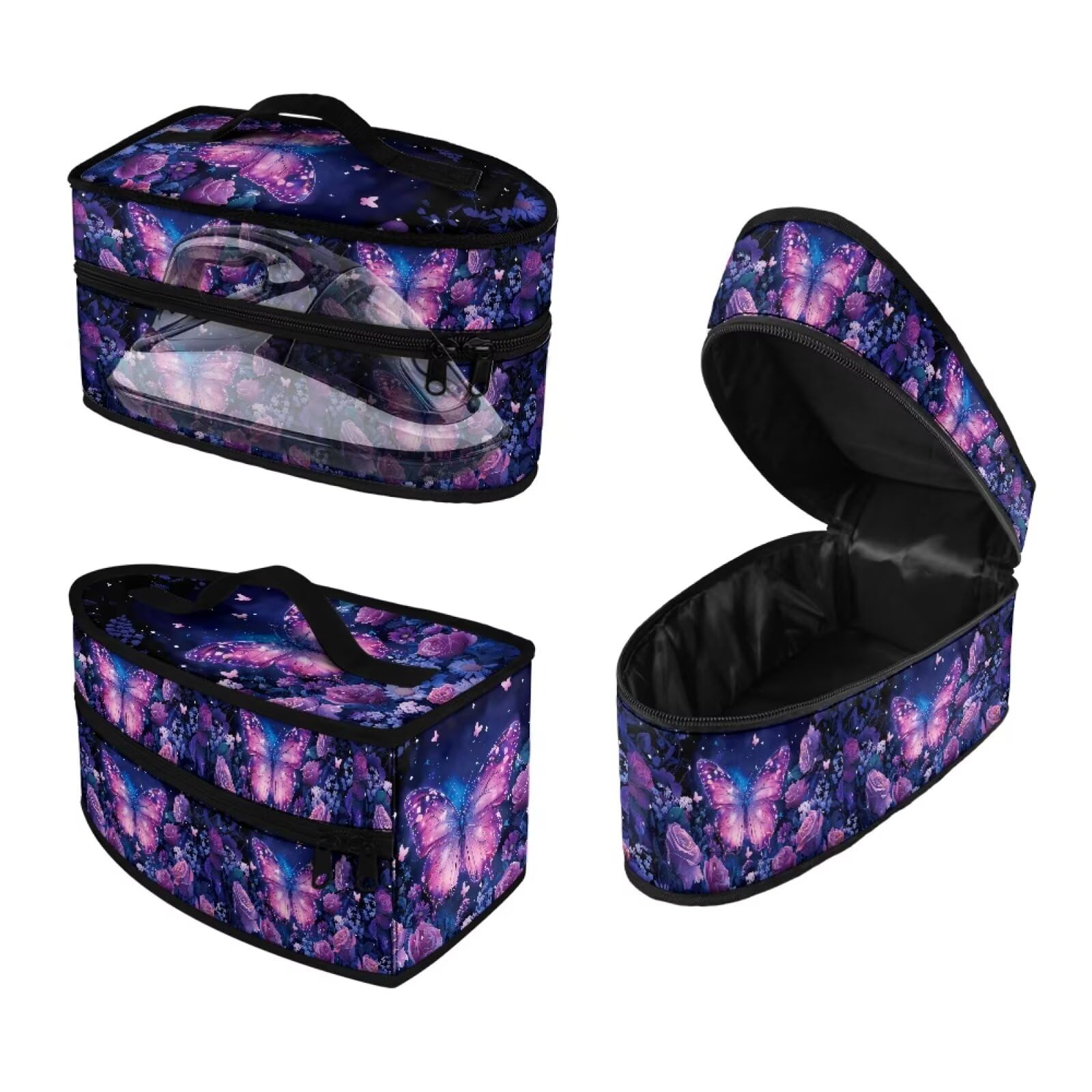 ASQVTIFE Purple Butterfly Iron Storage Bag with Handle Zippered Travel Case Irons Accessories Rose Garment Steamer Case Fits Traveling Outing Decorative Storage Bag for Clothes Steamer Easy to Clean