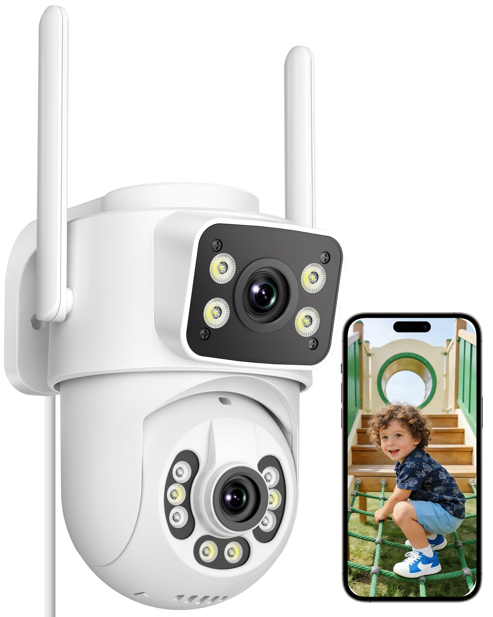 ANBIUX 2K Telecamera Wi-Fi Esterno | con Doppio Obiettivo,Supporta WiFi 2,4/5 GHz, tracciamento automatico PTZ a 360°,Visione Notturna,Audio Bidirezionale,2m Cavo