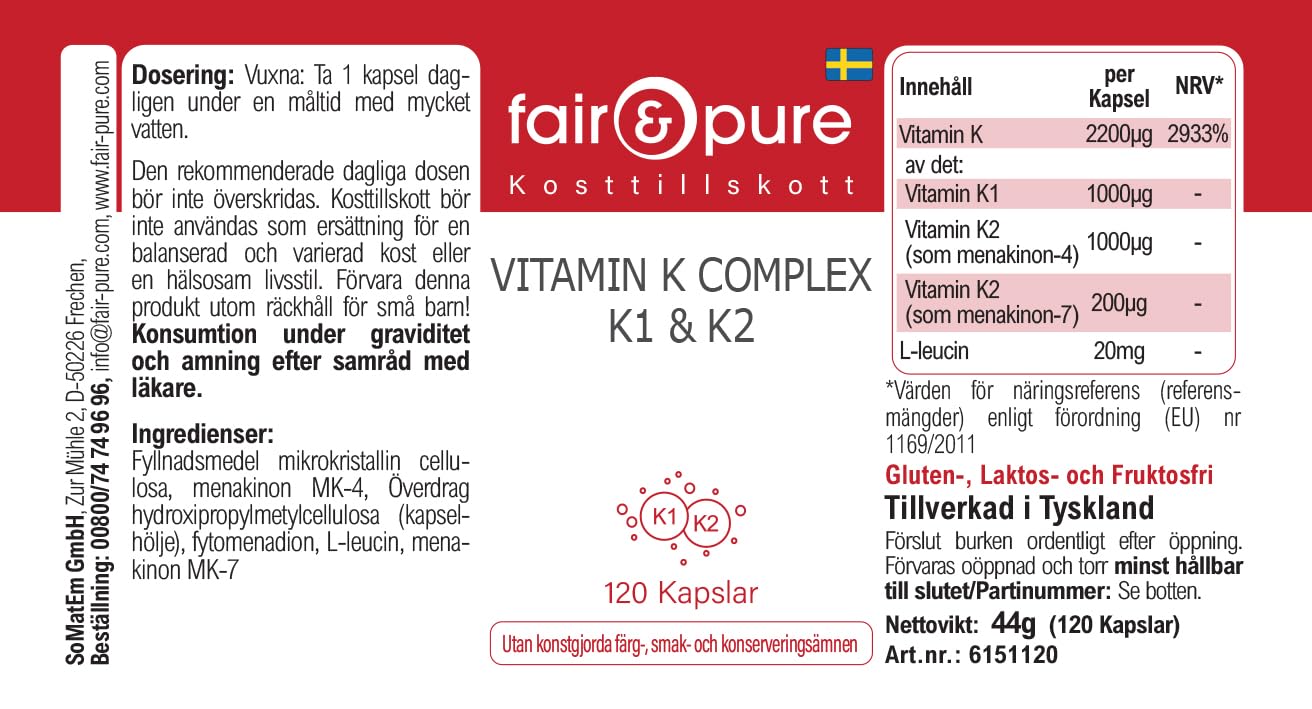 Fair & Pure® - Vitamine K Complexe K1 & K2 - avec 2200μg de Vitamines K par gélule - 120 gélules véganes