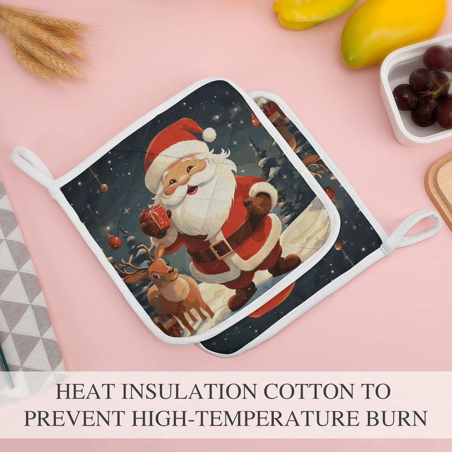Pot Holder Set of 2 Christmas Santa Claus Printed Potholders for Kitchens Heat Resistant & Non Slip Potholders for Kitchen Cooking Baking BBQ