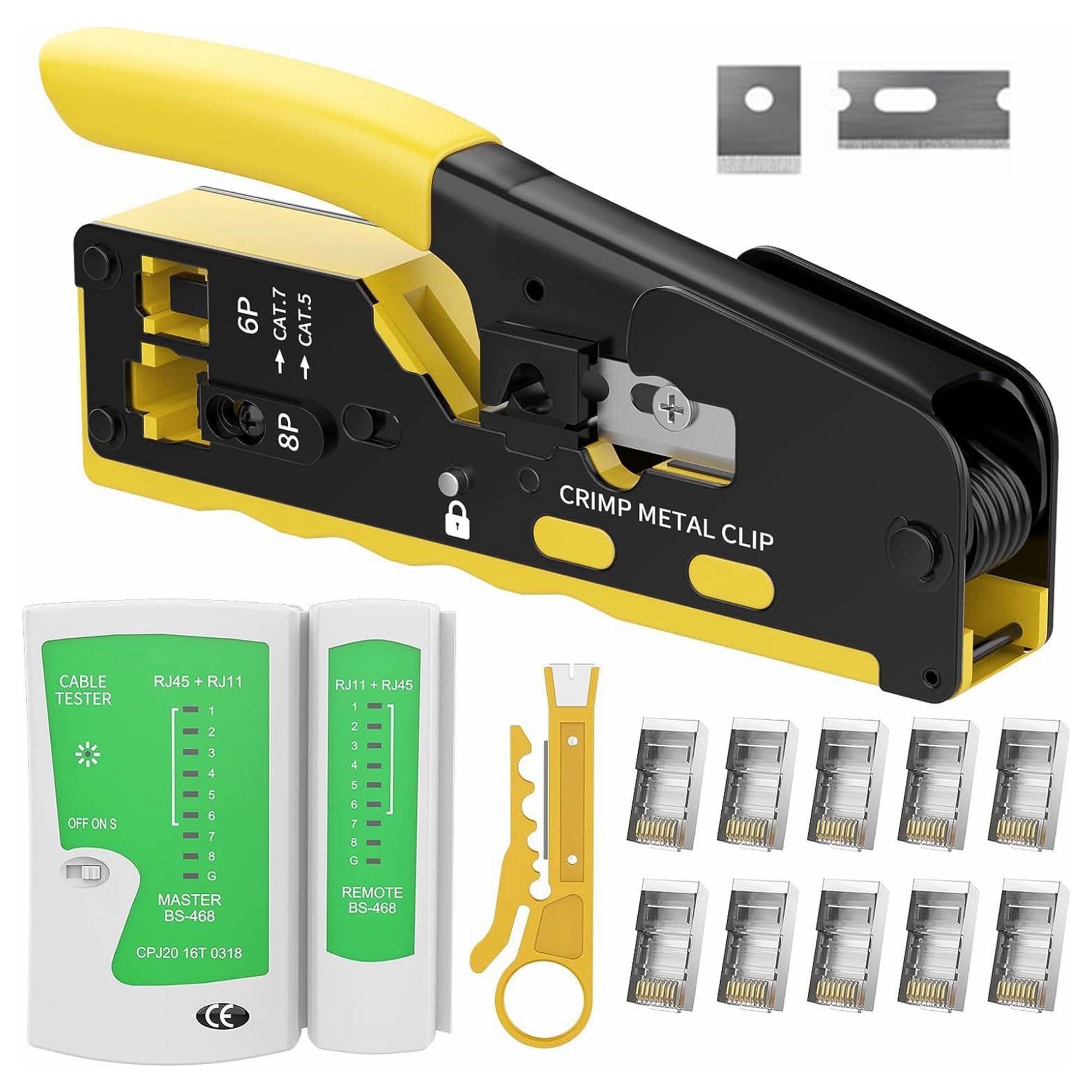 Yankok HT718 Kit d'outils de sertissage RJ45 avec testeur de câble réseau, mini outil de poinçonnage, jeu de lames de rechange, 10 connecteurs CAT7 et 10 manchons anti-traction RJ45