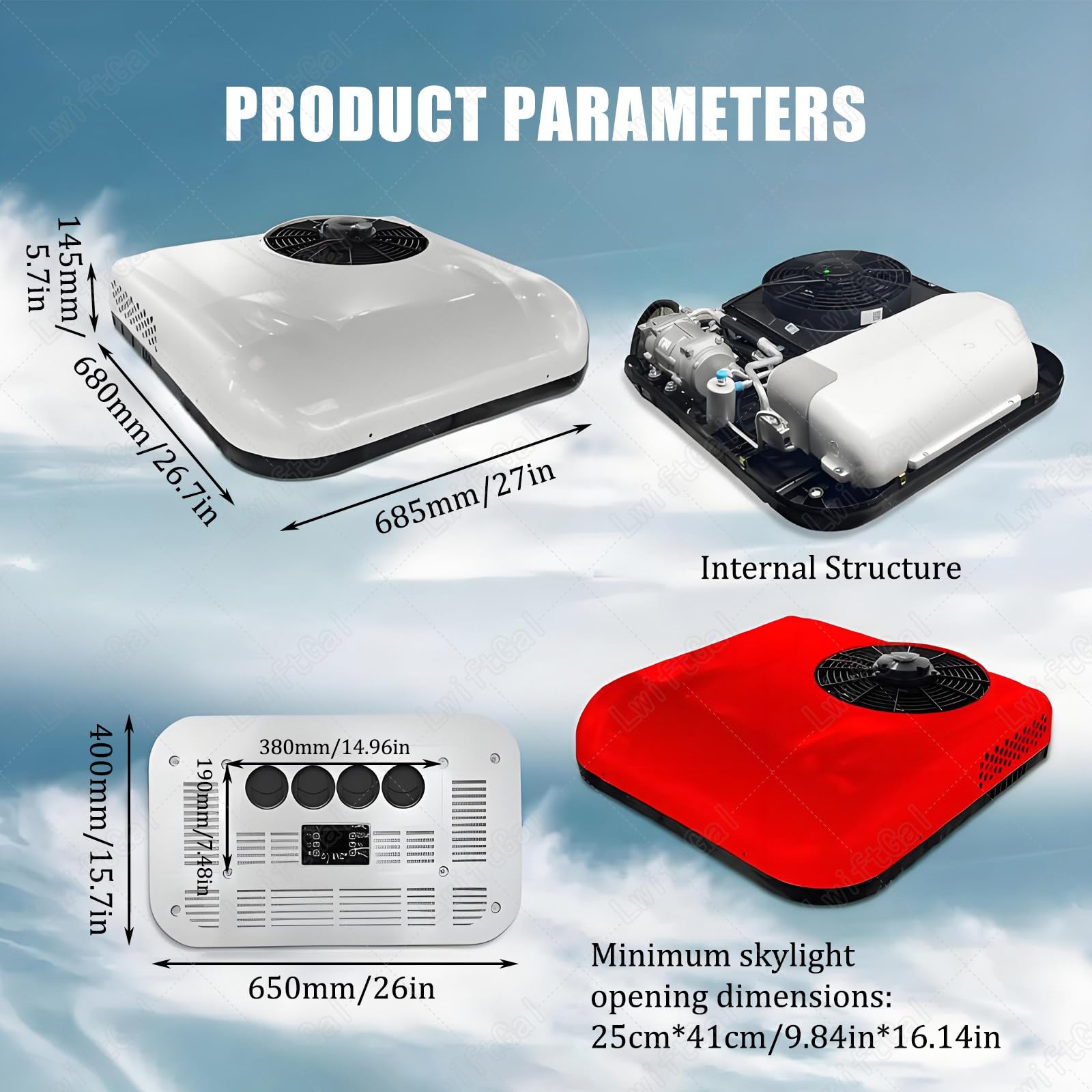 Condizionatore d'Aria da Tetto per Camper da 850W con Funzione di Raffreddamento/Raffreddamento+Riscaldamento,12V/24V. per Camper,Furgoni,Escavatori,Roulotte,Autobus 24V-Cooling