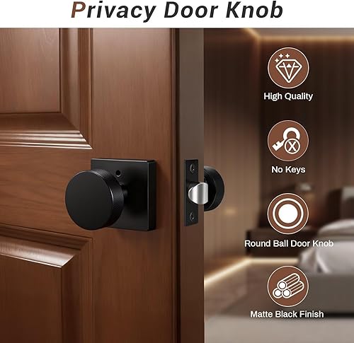 Miniatura 2 de Knobonly Paquete de 6 pomos de puerta negros para dormitorio y baño, pomos de puerta de privacidad interiores con cerradura, pomos de puerta