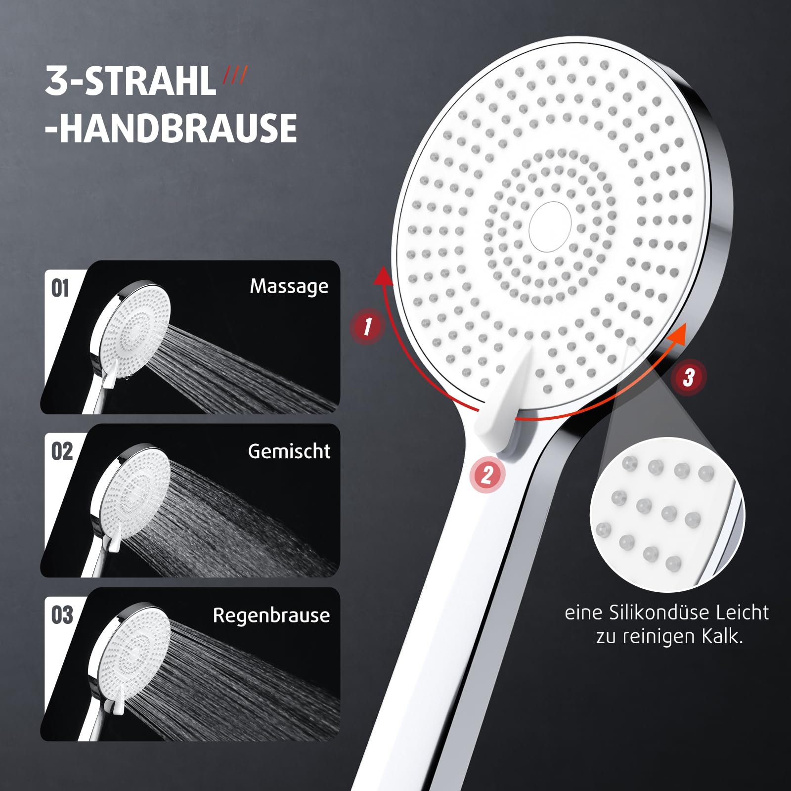 Rainsworth Regendusche ohne Armatur Chrome, 25 cm Rund Regendusche und 3 Strahlarten Duschkopf, Duschsystem, Duschsäule Duschset für Dusche