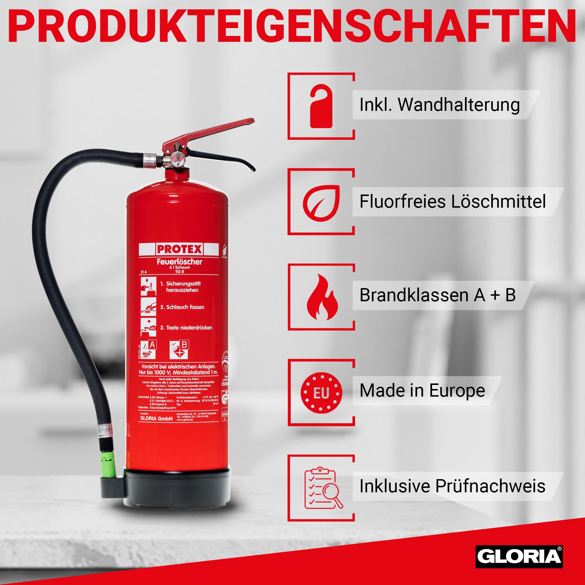Protex – Schaum-Feuerlöscher SD6 E – 6 Liter – fluorfrei – für die Brandklassen A und B – nach DIN EN 3 – 11 kg – mit praktischer Halterung – mit Prüfplakette – Made in EU