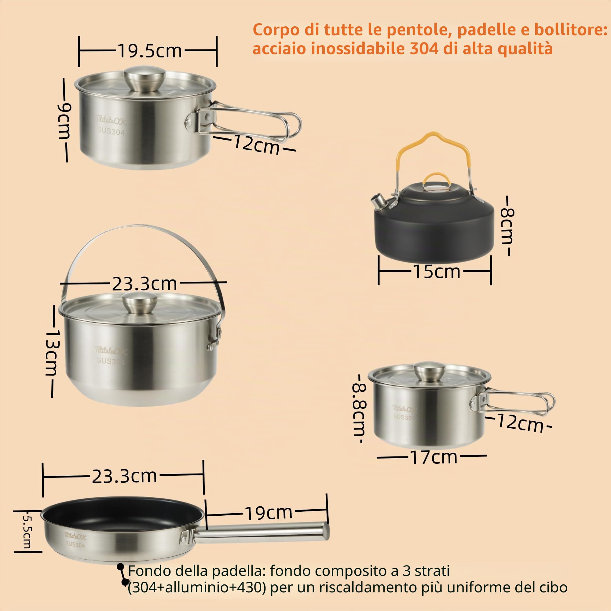 Set di pentole da campeggio in acciaio inox 304, 10 pezzi, pentole, bollitore, borsa da viaggio in rete per campeggio, trekking, giardino, picnic, attrezzatura da backpacking
