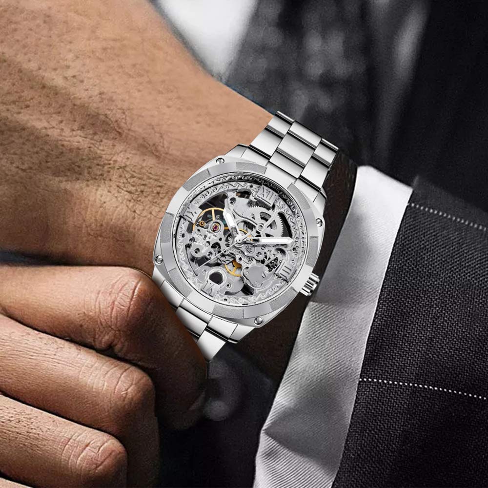 Tiong Mechanical Men's Watch Stainless Steel Automatic Skeleton Watch Waterproof Watches for Men Father’s Day Gift