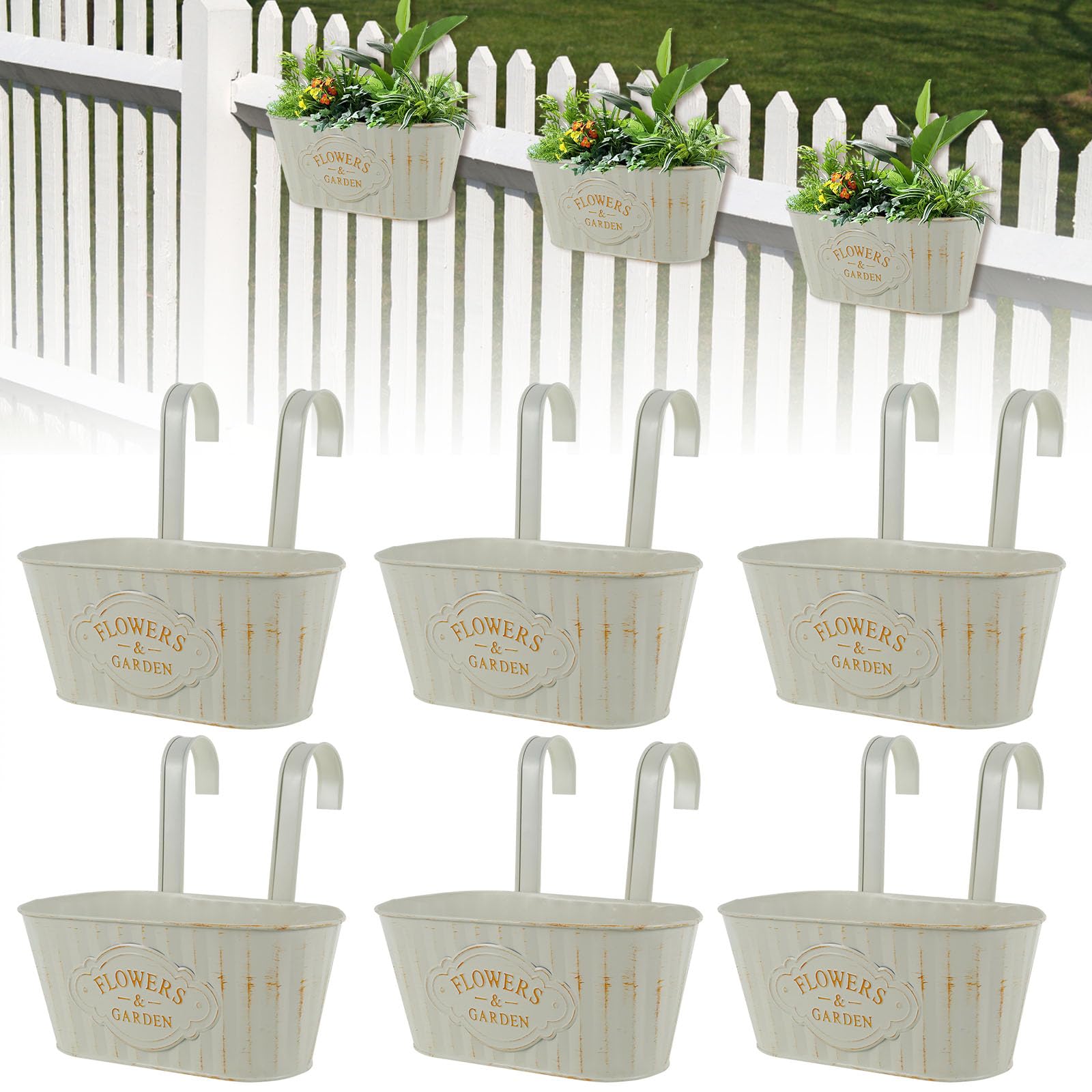 GWCYMYD 6Pcs Oval Metal Hanging Planter, Railing Planter Box with Detachable Hooks, Large Hanging Flower Pots Indoor Outdoor for Railing Fence Balcony Garden Home Decoration (6PCS)
