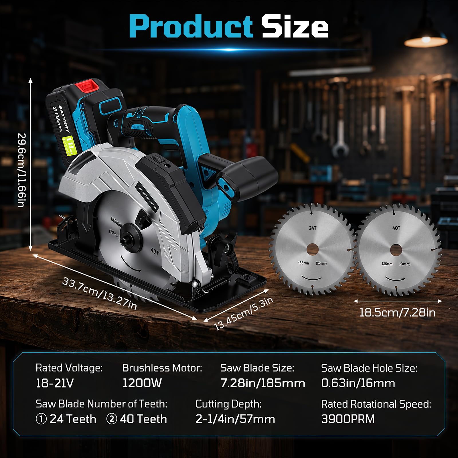 Scie Circulaire Sans Fil 185mm, Scie Circulaire 1200W 2x3Ah Batterie