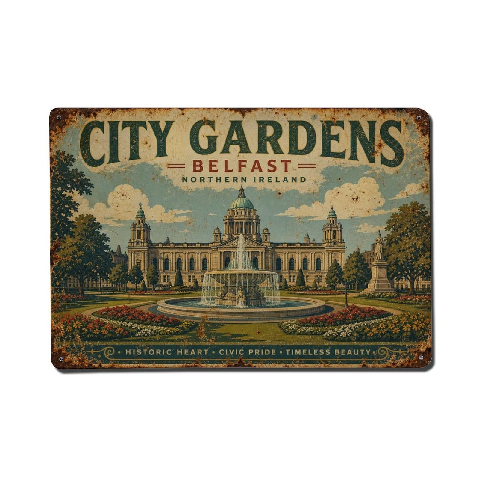 Fyrn Style Metal Tin Sign Vintage Travel Belfast City Hall Gardens Ireland Fountain