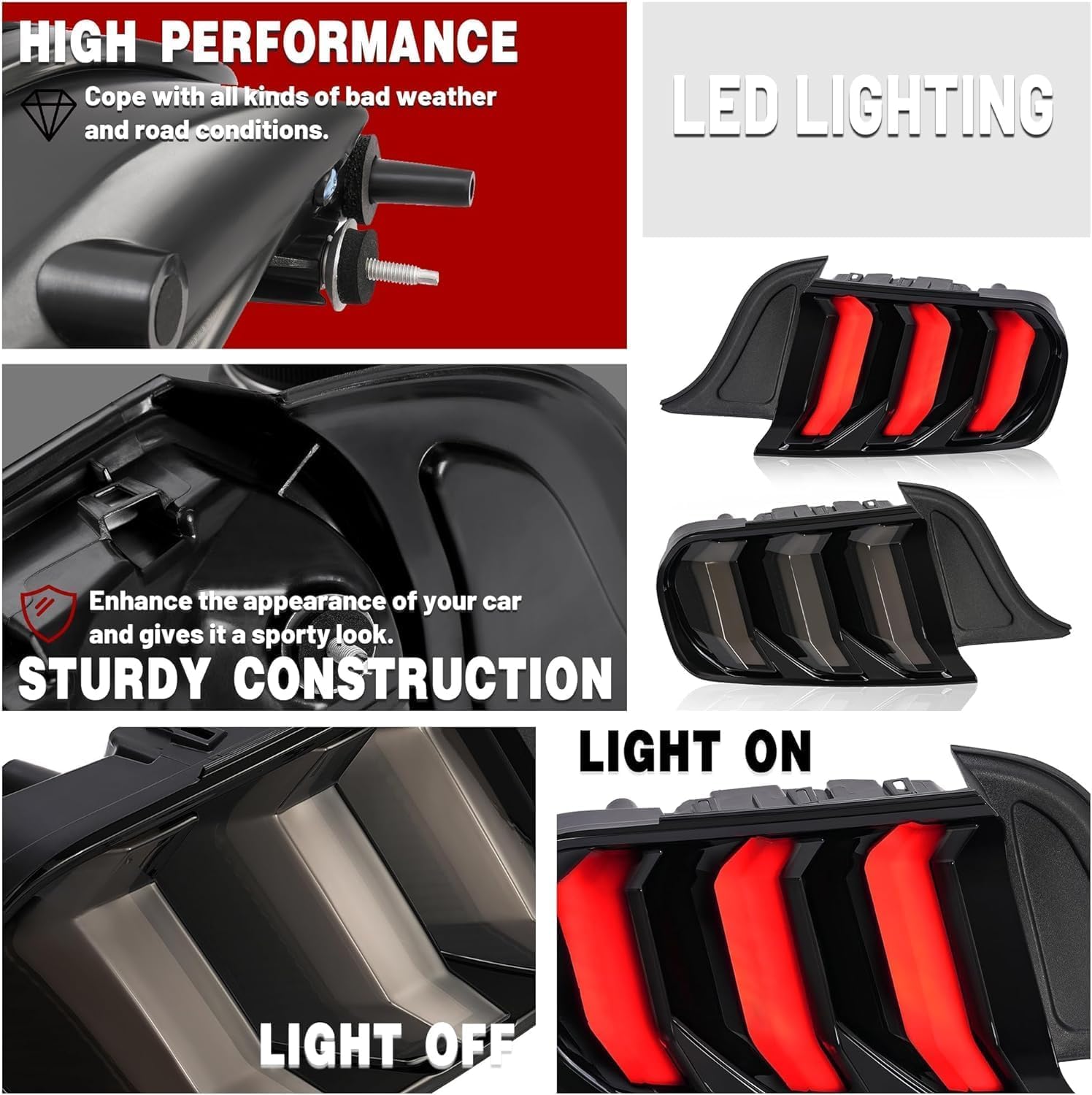 HECASA Full LED Tail Light Pair Compatible with 2015-2023 Ford Mustang [For US Model] Replacement for FO2800238 FO2801238 Rear Lamp w/Sequential LED Tube Driver&Passenger Side Smoke Lens Black Housing