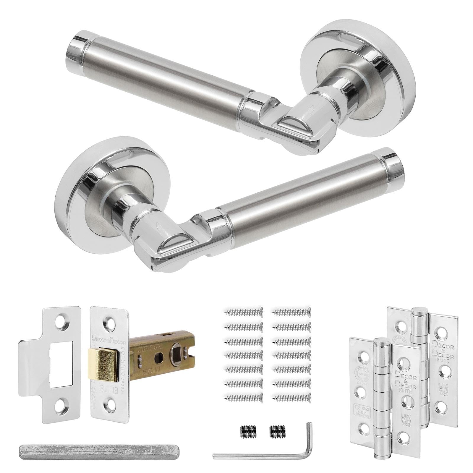 Decoranddecor Duo Colour Round Internal Door Handles – Aluminium Silver with Mortice Latch and Butt Hinge, Ideal for Bedrooms, Bathrooms & Enigma Range Style