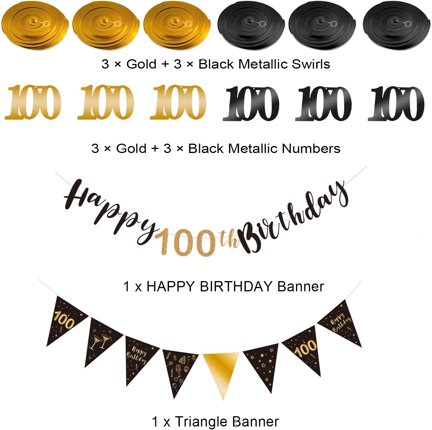 BRT Bearingshui Happy 100th Birthday Triangle Flag Banner Bunting Swirls Streamers Decoration Kit for Birthday Party Decorations Supplies Black and Gold 100th - Image 2