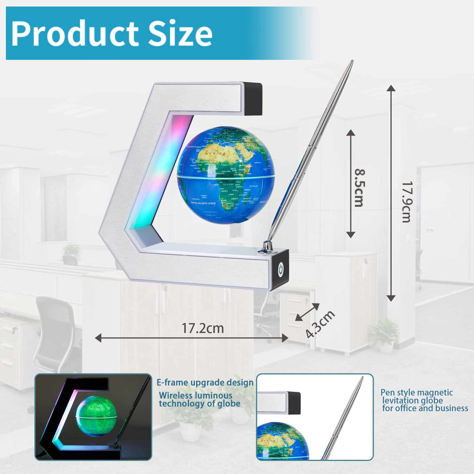 Globe terrestre magnétique flottant avec lampe et stylo - Décoration de bureau cool et géographie éducative pour enfants (Panneau argenté)