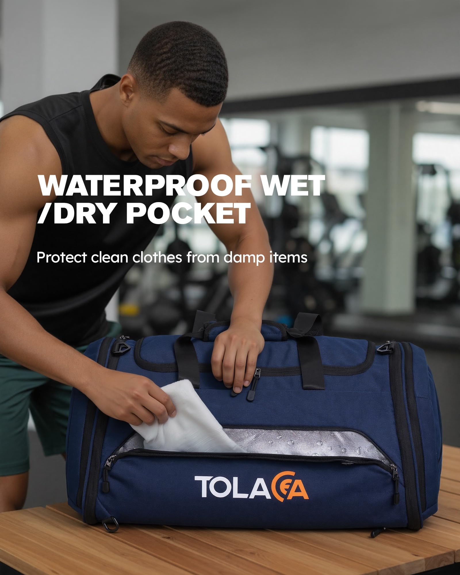 Tolaccea Sporttasche 56–70L erweiterbare Reisetasche mit Schuhfach & Nassfach, als Rucksack tragbar, Blau