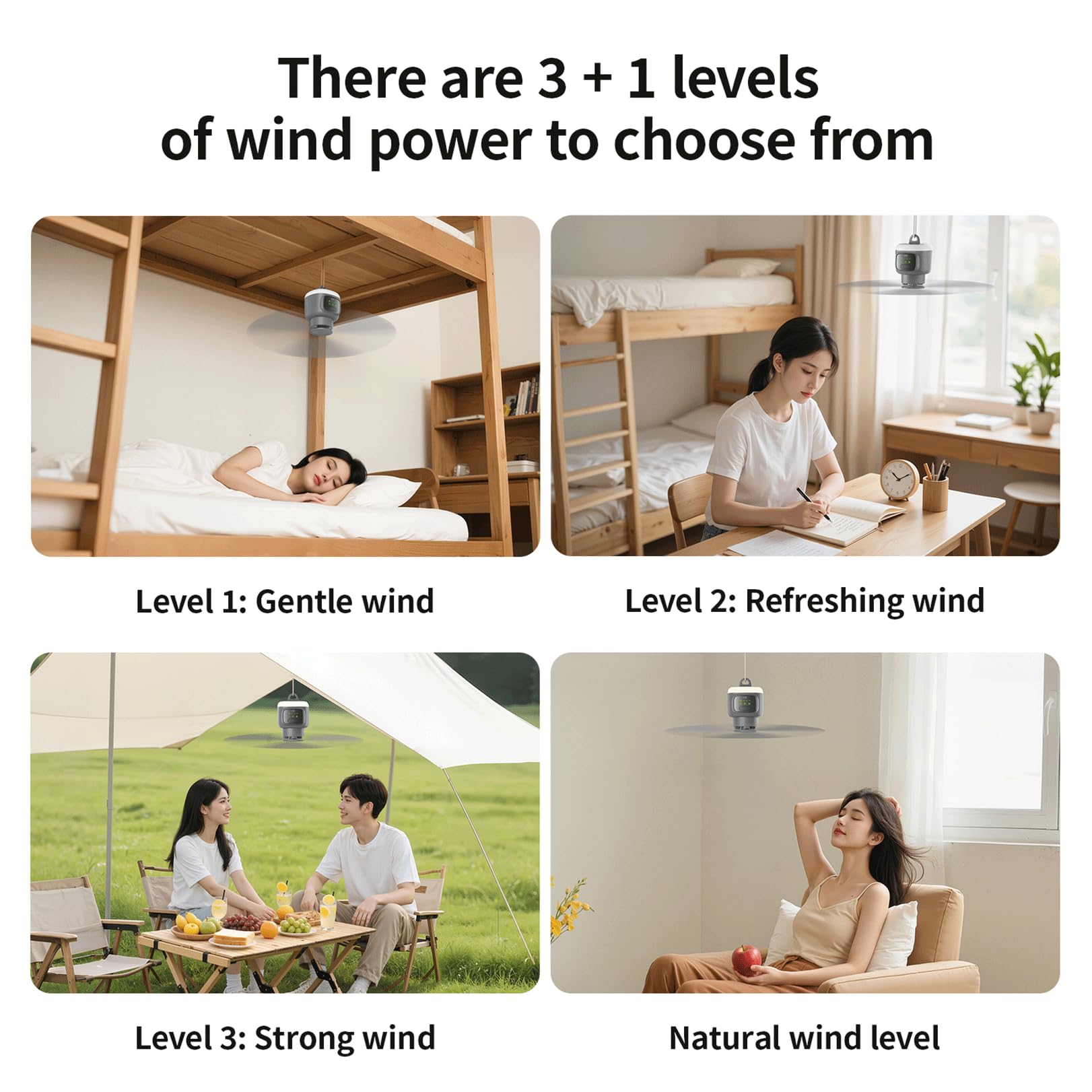 VVU&CCO Ventilatore da soffitto portatile ricaricabile con luce, 12000 mAh, funzionamento a batteria, tempo di utilizzo fino a 16 ore, regolazione 4 velocità, timer 2/4/8 ore, ventilatore da soffitto