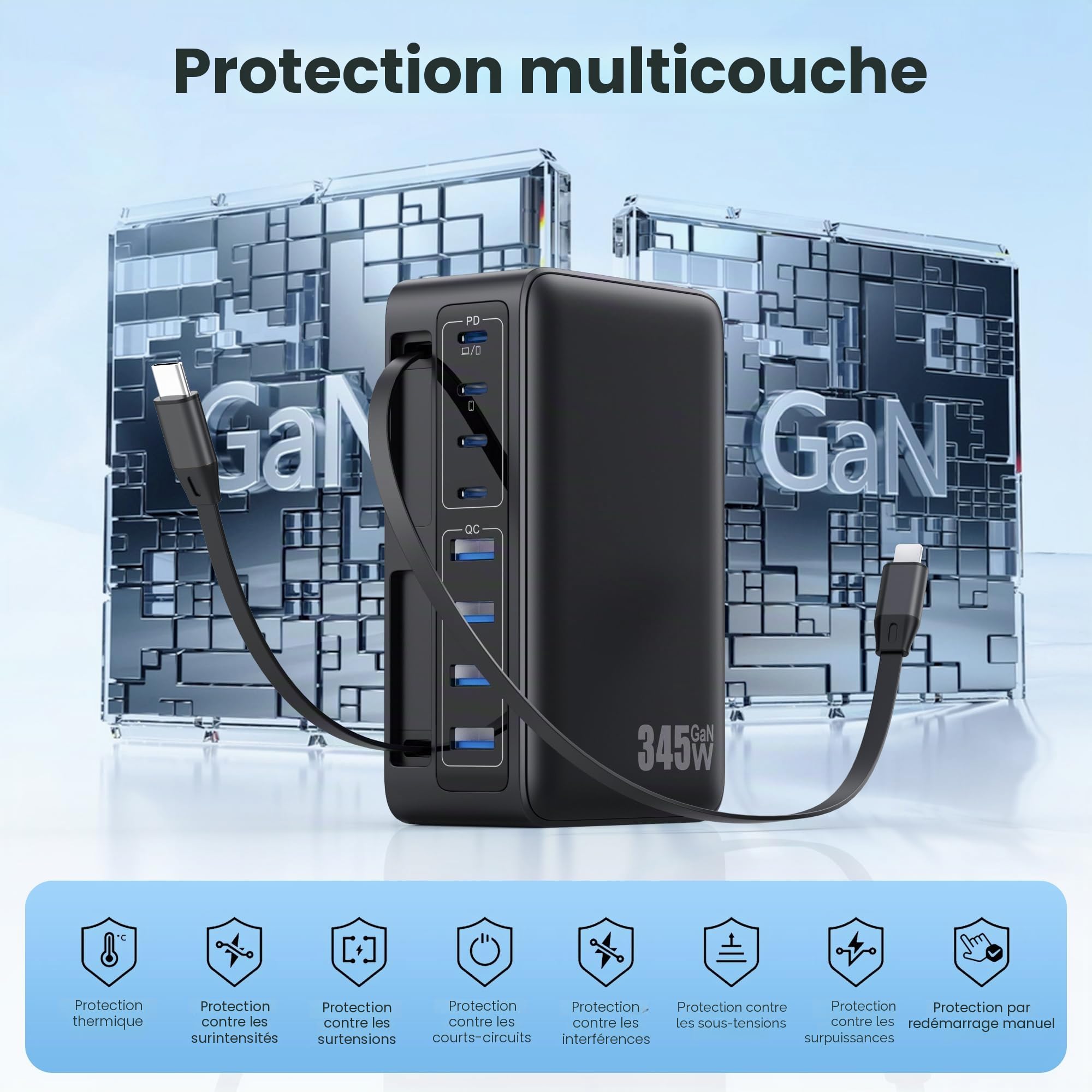 345W Chargeur USB C Multiple avec Câble Rétractable, 10-en-1 GaN VI Tech Prise USB, PD/PPS/QC Chargeur Rapide Multiple Station de Charge pour MacBook Pro/Air, iPhone, i Pad, Sam Sung Tablette etc.