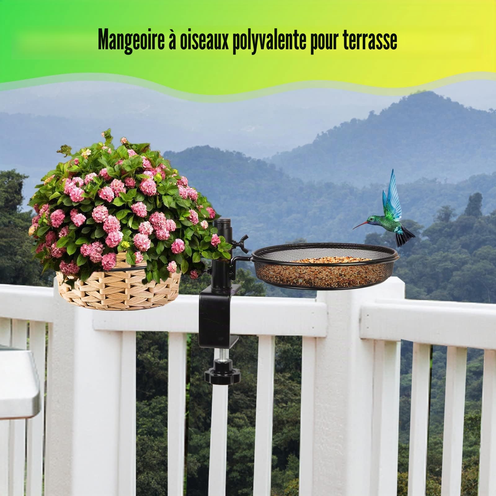 HRAYLTOP Mangeoire à Oiseaux avec Plateau en Maille Métallique et Bol d'Eau - Support de Serrage Robuste Amovible et Réglable - Idéale pour Attirer les Oiseaux