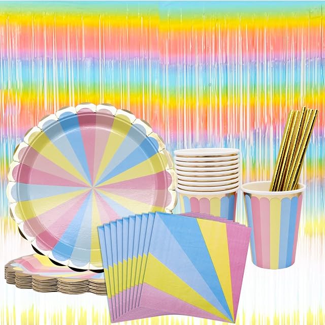 BLLREMIPSUR Rainbow Disposable Paper Tableware, Party Dinnerware Kids Birthday Party Supplies with Paper Plates, Paper Cup, Napkins, Straws and Foil Fringe Curtains for 10 Guests