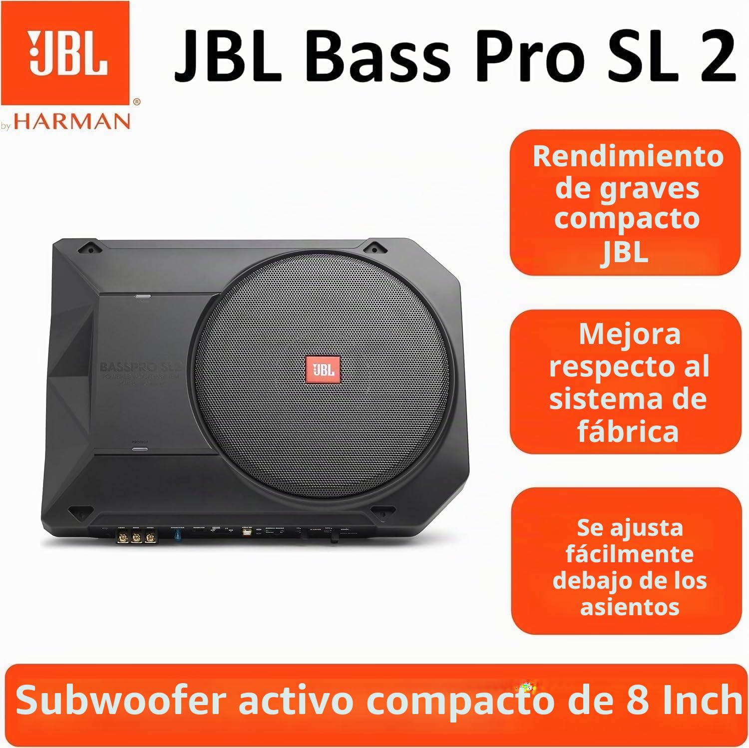 JBL BassPro SL2 Subwoofer coche activo de 8 pulgadas - caja subwoofer autoamplificado bajo el asiento del coche de 125 vatios de Harman Kardon