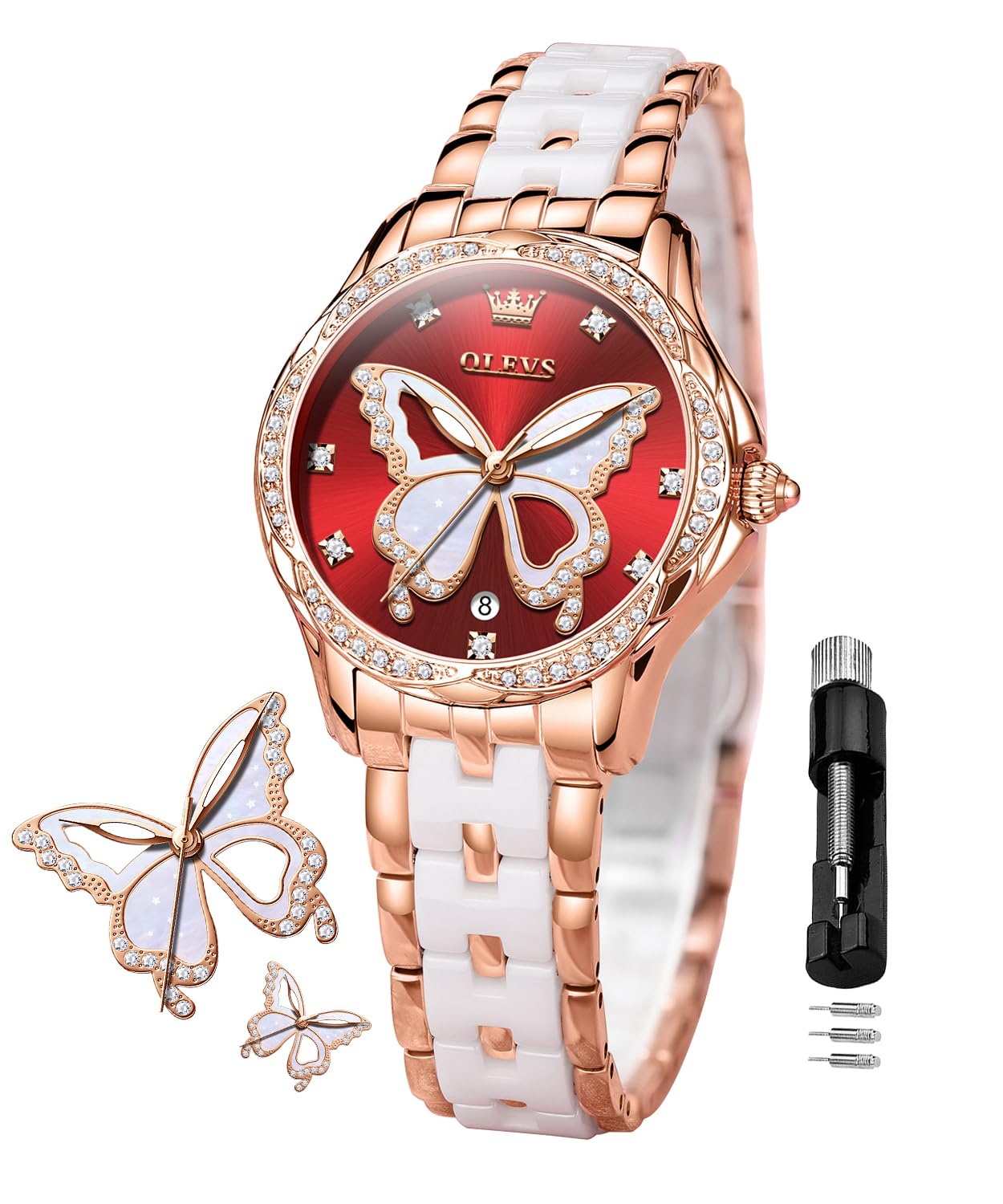 OLEVS Damen-Diamantuhr Elegante Luxus-Armbanduhr Damenuhr aus Roségold mit Keramikglas