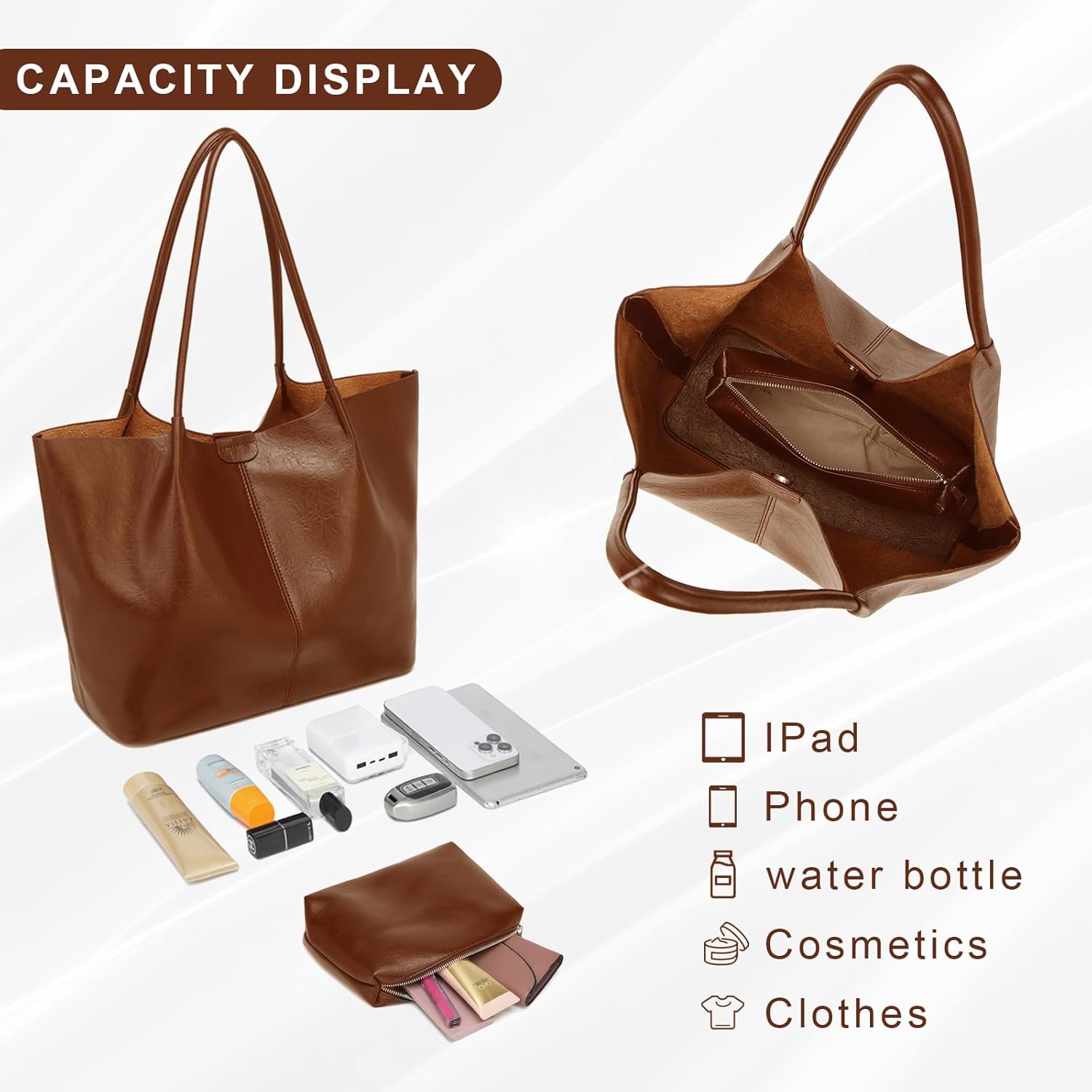 Tote Bag For Women Large Capacity Soft Leather Purse With Interior Pouch Multi-Use For Daily Commute Work Travel