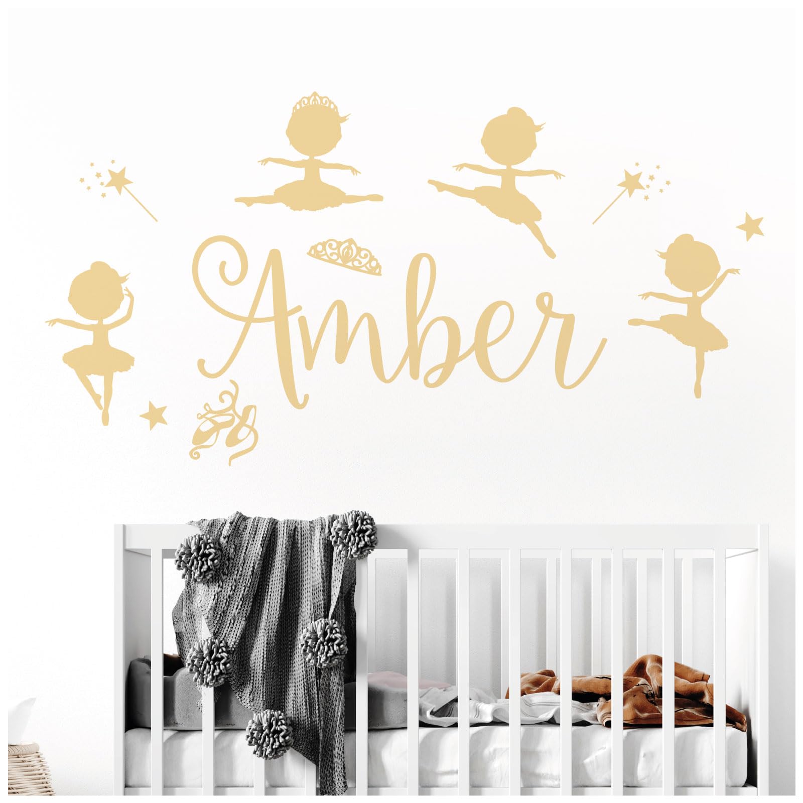 Personalised Name Girls Wall Art Sticker - Baby Ballerina Little Princess, Ballet Shoes, Wand, Star [Large] [Cream]