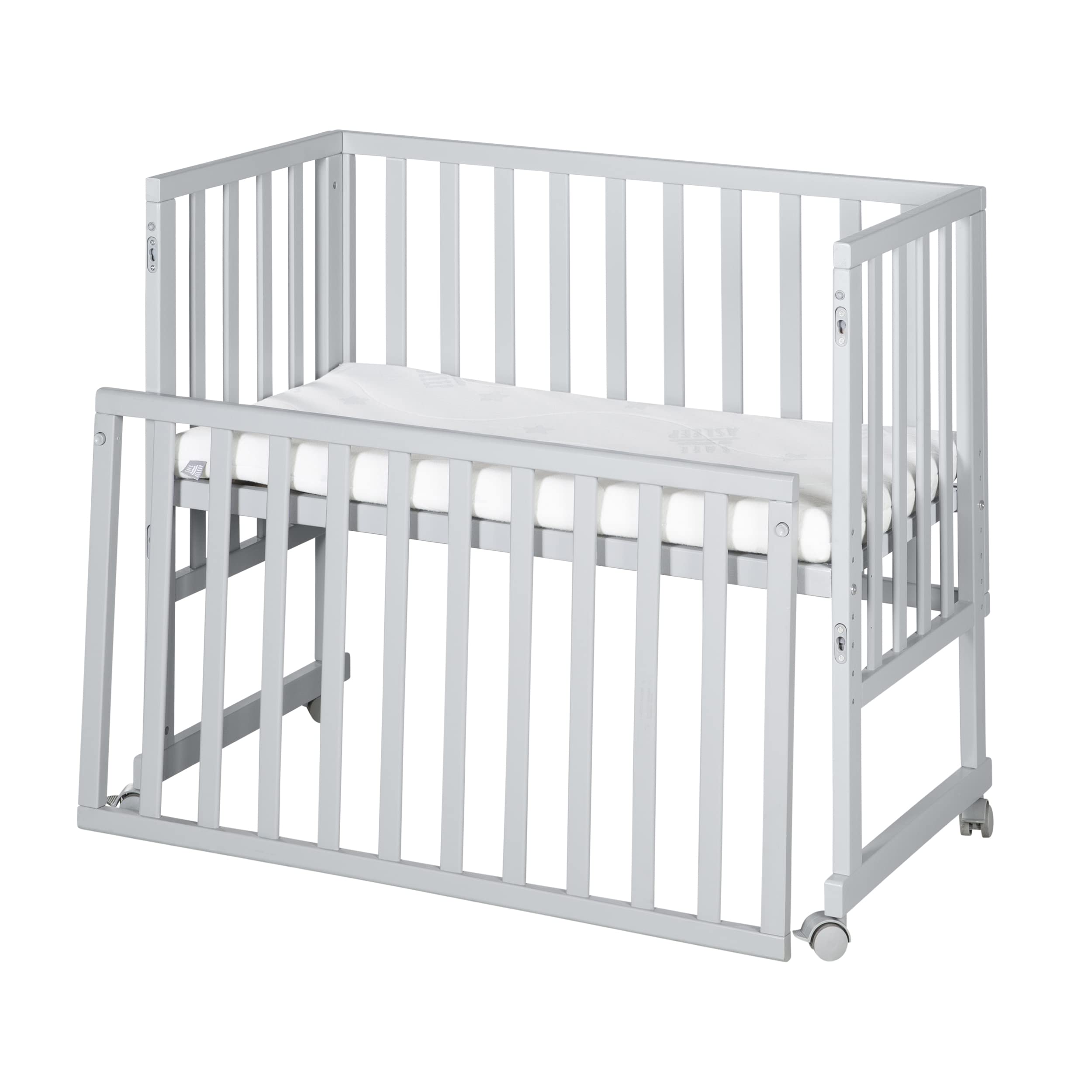 oba Stuben- und Beistellbett safe asleep® 3 in 1-45 x 90 cm - Höhenverstellbar - Komplettes Anstellbett mit Matratze + Canvas Barriere - Bett Set für Babys - Holz taupe/grau