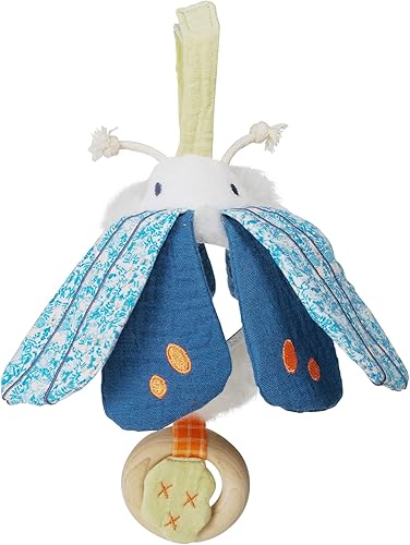Manhattan Toy Folklore Plush Luna Moth Soft Touch Baby Travel Toy con alas de tela arrugada, espejo de bebé y anillo de mordedor de madera
