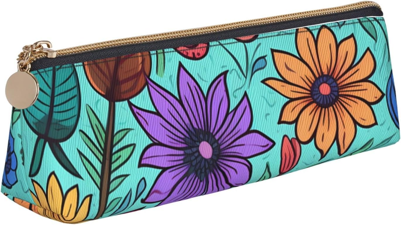 Colored Doodle Flowers Pencil Cases Triangular Pen Organizer Durable Pen Bag for Holiday Students Office
