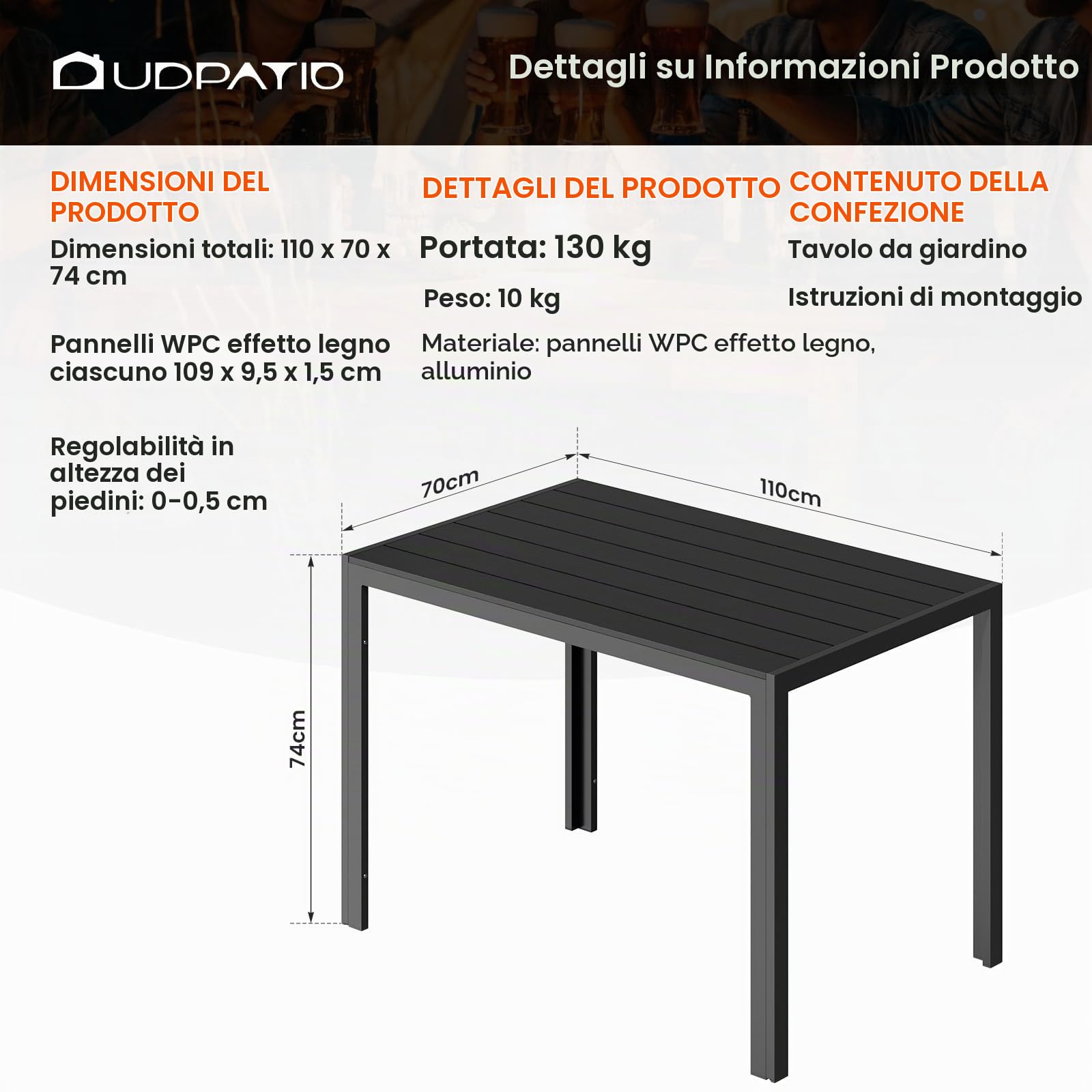 UDPATIO Tavolo da Giardino in Alluminio, 110x70x74 cm Tavolo da Esterno Rettangolare con Venatura Legno, 4-6 Posti, Resistente alle Intemperie per Terrazza e Balcone, Nero + Grigio Scuro
