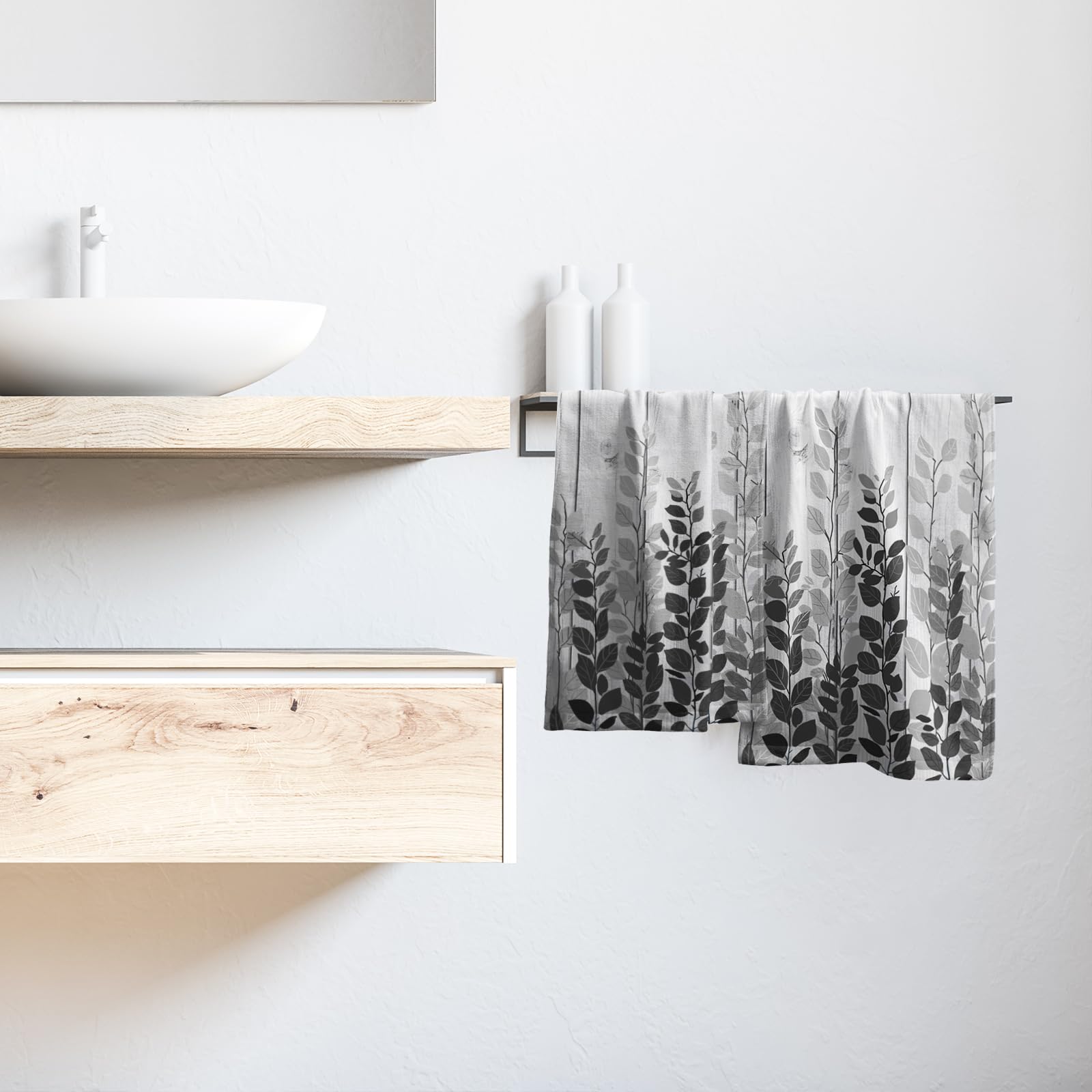 Juego de 2 toallas de mano de hojas de eucalipto grises, de madera rústica, suave, toallas de baño para invitados, cocina, spa, hogar, decoración de baño